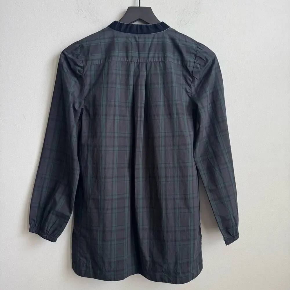 J.Crew Velvet Trimmed V-Neck Tunic in Black Watch Tartan Print Size XXS